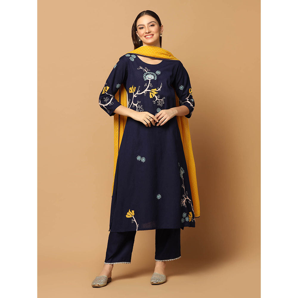 "Two Sisters" by Gyans Navy Blue Kurta with Pant and Dupatta (Set of 3)