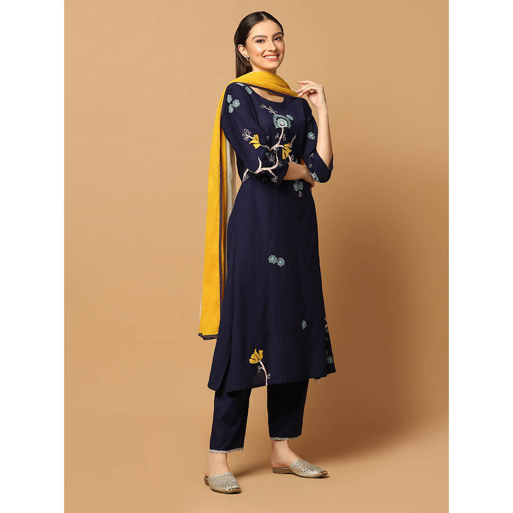 "Two Sisters" by Gyans Navy Blue Kurta with Pant and Dupatta (Set of 3)