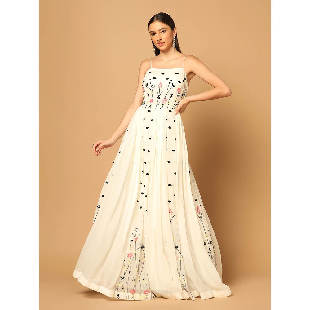 "Two Sisters" by Gyans White Gown with Floral Embroidery