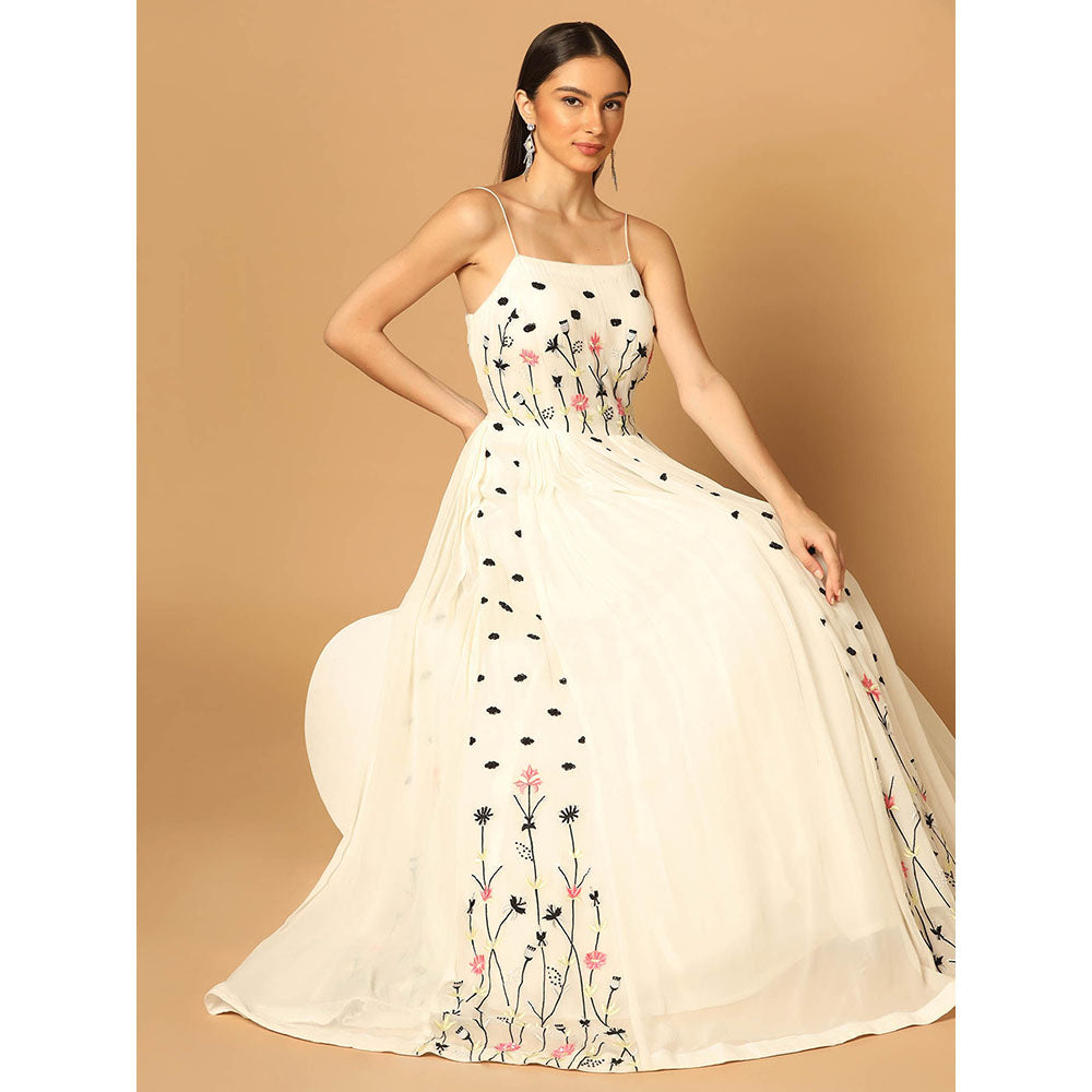 "Two Sisters" by Gyans White Gown with Floral Embroidery
