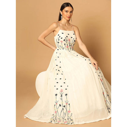 "Two Sisters" by Gyans White Gown with Floral Embroidery