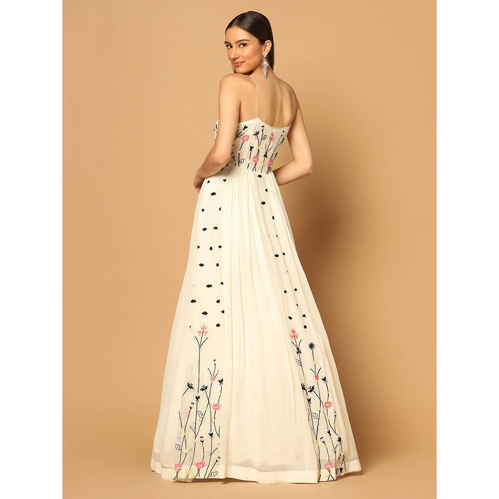 "Two Sisters" by Gyans White Gown with Floral Embroidery