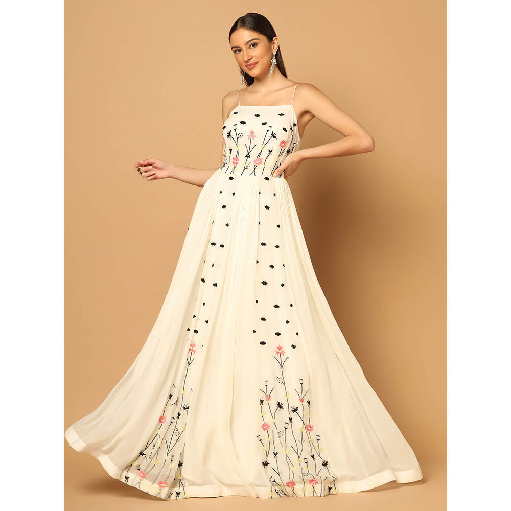 "Two Sisters" by Gyans White Gown with Floral Embroidery