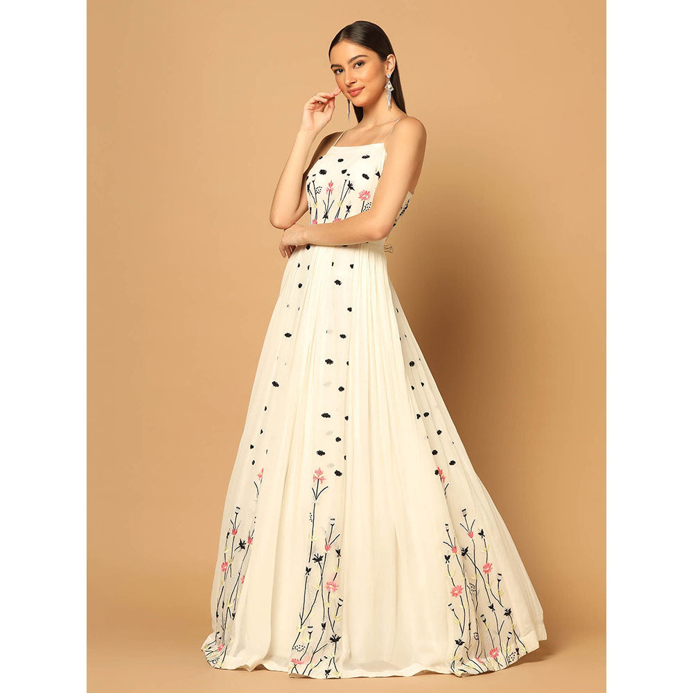 "Two Sisters" by Gyans White Gown with Floral Embroidery