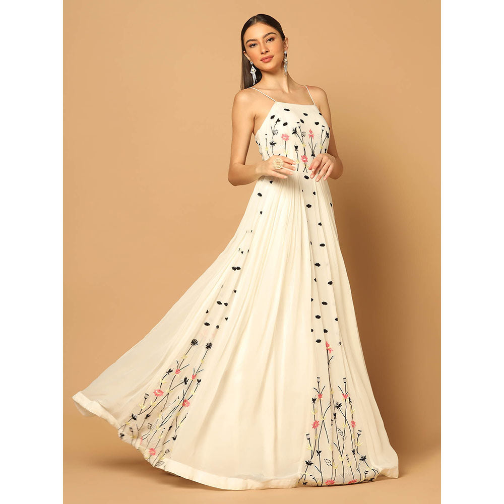 "Two Sisters" by Gyans White Gown with Floral Embroidery