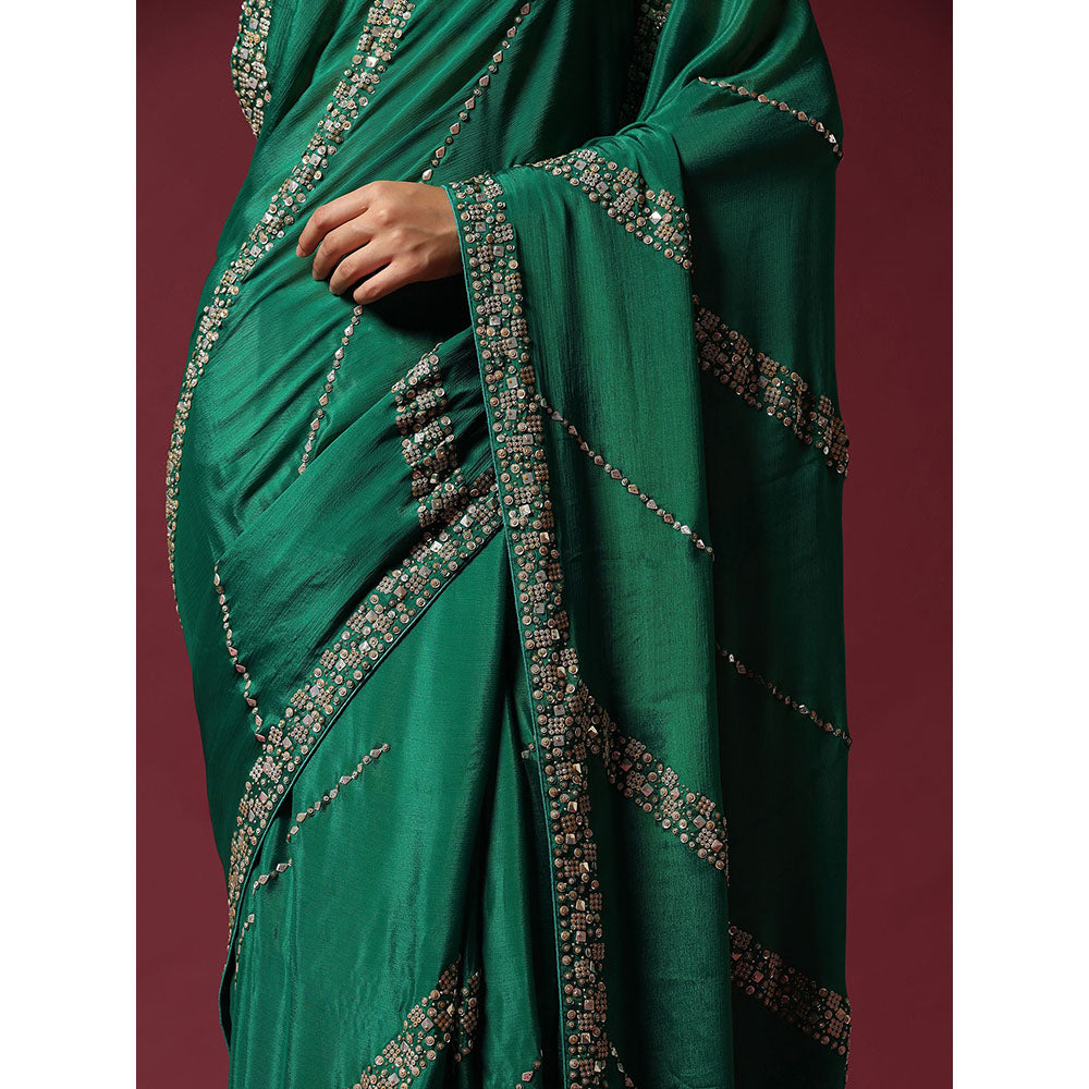 "Two Sisters" by Gyans Green Embroidered & Embellished Saree without Blouse