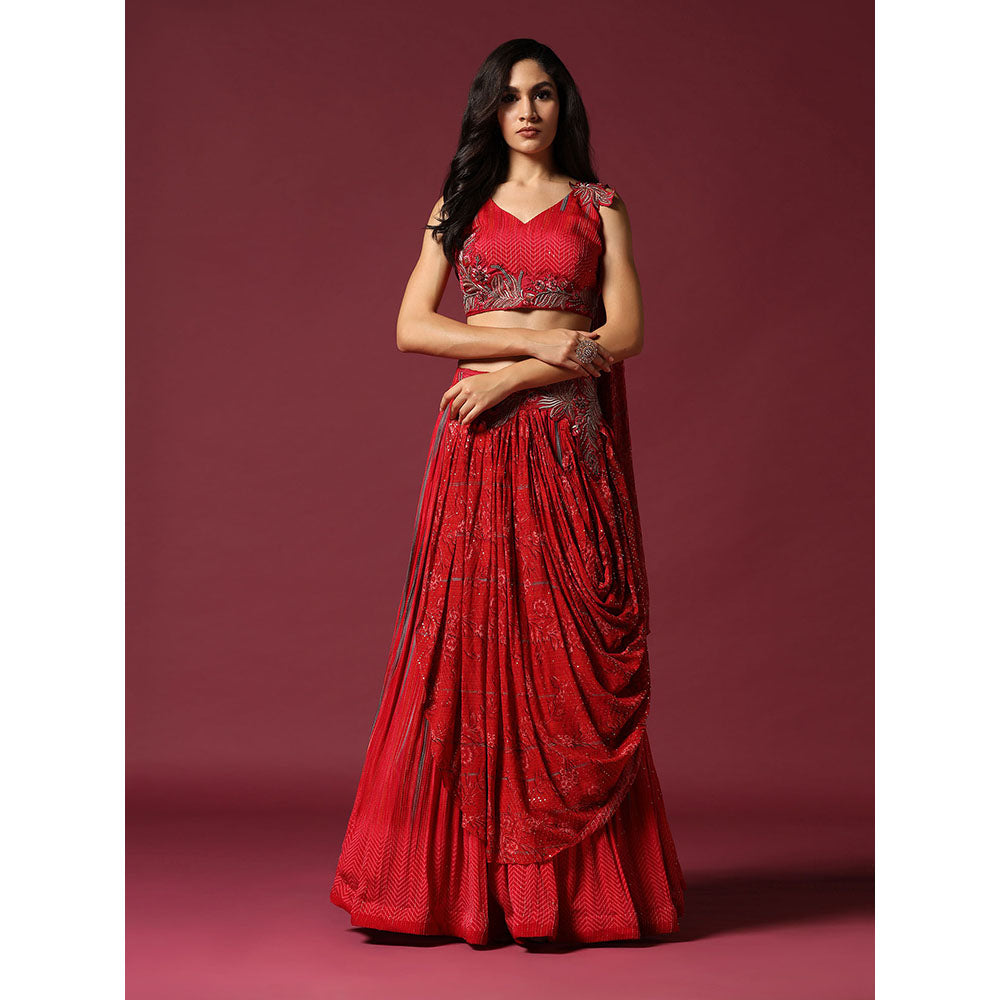 "Two Sisters" by Gyans Red Georgette Draped Blouse & Lehenga (Set of 2)