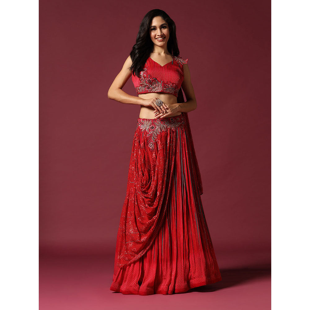 "Two Sisters" by Gyans Red Georgette Draped Blouse & Lehenga (Set of 2)