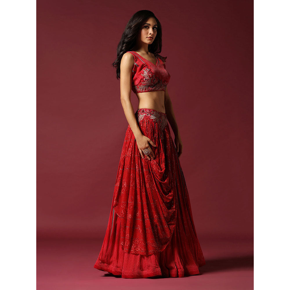 "Two Sisters" by Gyans Red Georgette Draped Blouse & Lehenga (Set of 2)