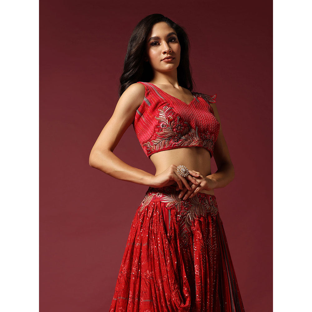 "Two Sisters" by Gyans Red Georgette Draped Blouse & Lehenga (Set of 2)