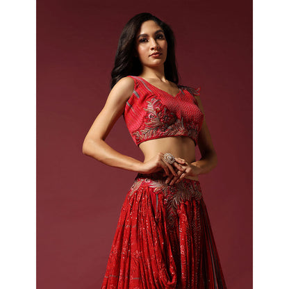 "Two Sisters" by Gyans Red Georgette Draped Blouse & Lehenga (Set of 2)