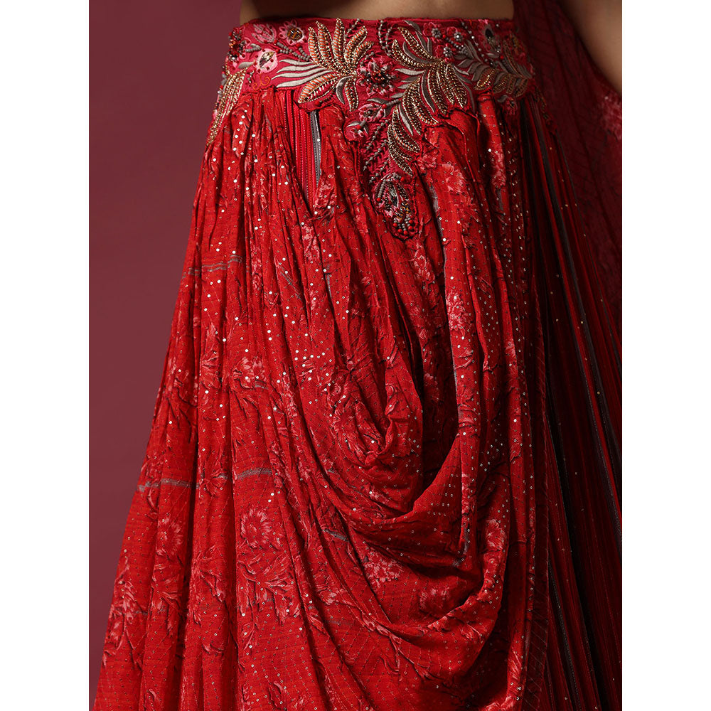 "Two Sisters" by Gyans Red Georgette Draped Blouse & Lehenga (Set of 2)