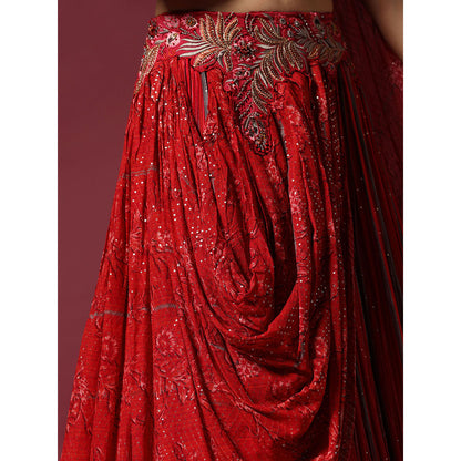 "Two Sisters" by Gyans Red Georgette Draped Blouse & Lehenga (Set of 2)