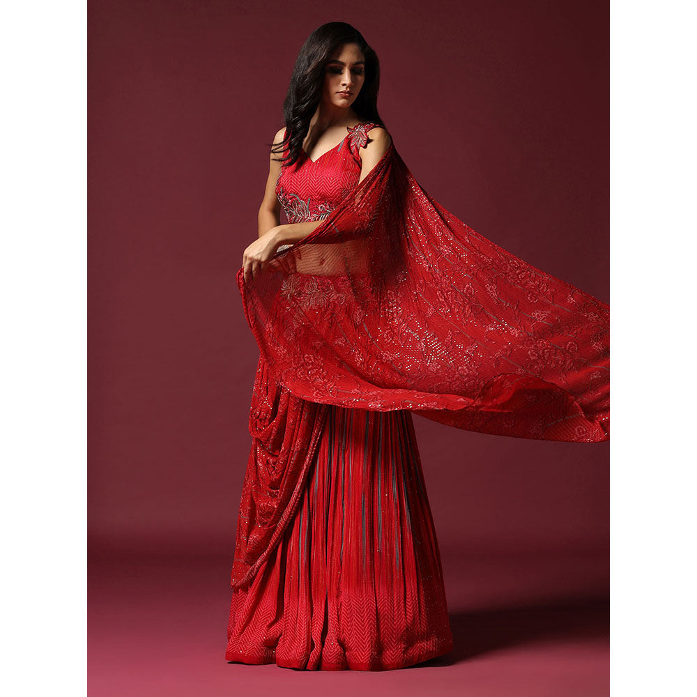 "Two Sisters" by Gyans Red Georgette Draped Blouse & Lehenga (Set of 2)