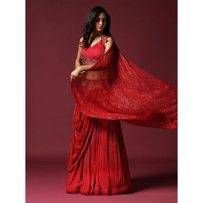 "Two Sisters" by Gyans Red Georgette Draped Blouse & Lehenga (Set of 2)
