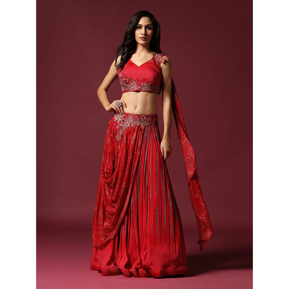 "Two Sisters" by Gyans Red Georgette Draped Blouse & Lehenga (Set of 2)