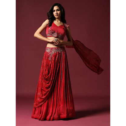 "Two Sisters" by Gyans Red Georgette Draped Blouse & Lehenga (Set of 2)