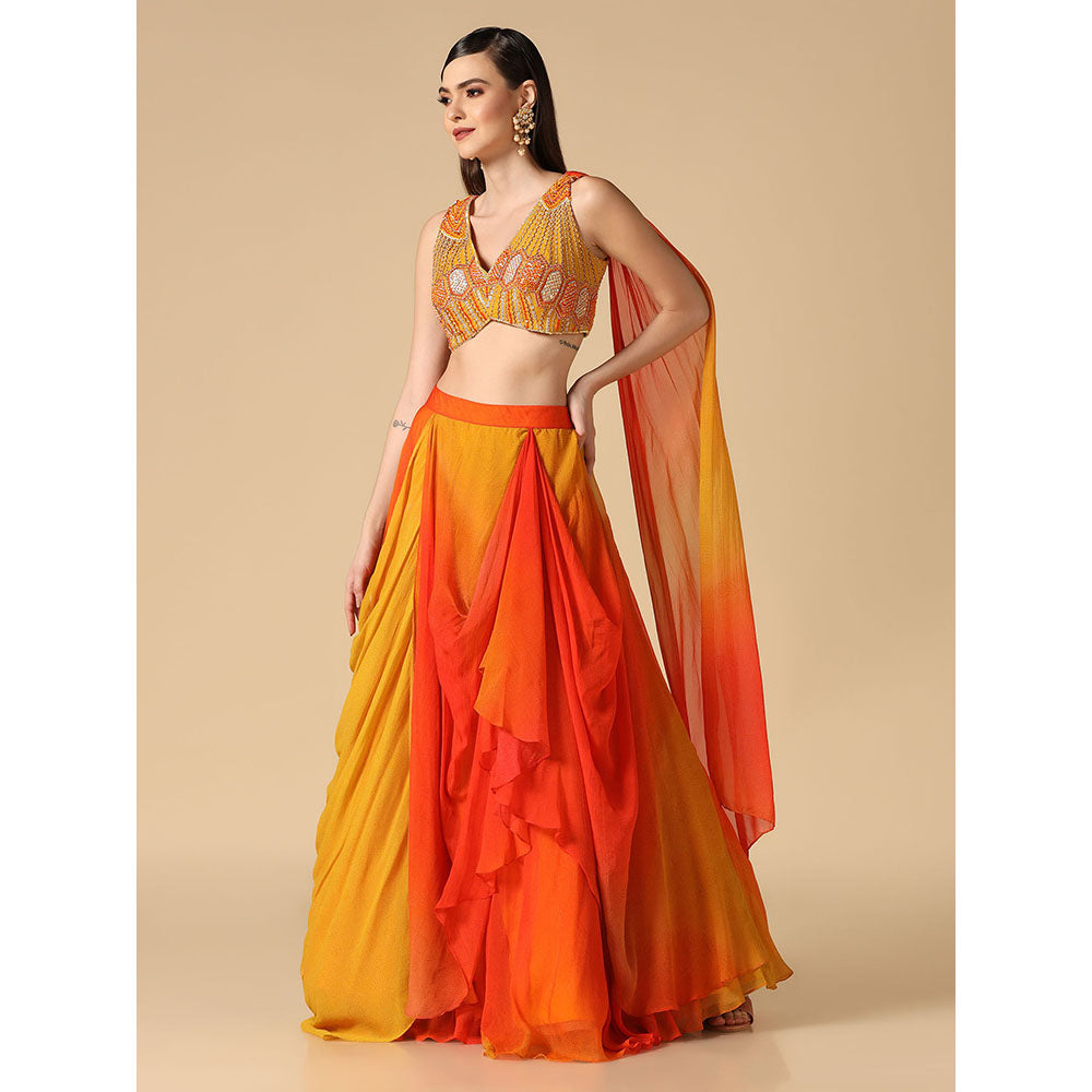 "Two Sisters" by Gyans Yellow Orange Ombre Hand Embroidered Blouse & Lehenga (Set of 2)
