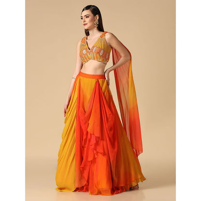 "Two Sisters" by Gyans Yellow Orange Ombre Hand Embroidered Blouse & Lehenga (Set of 2)