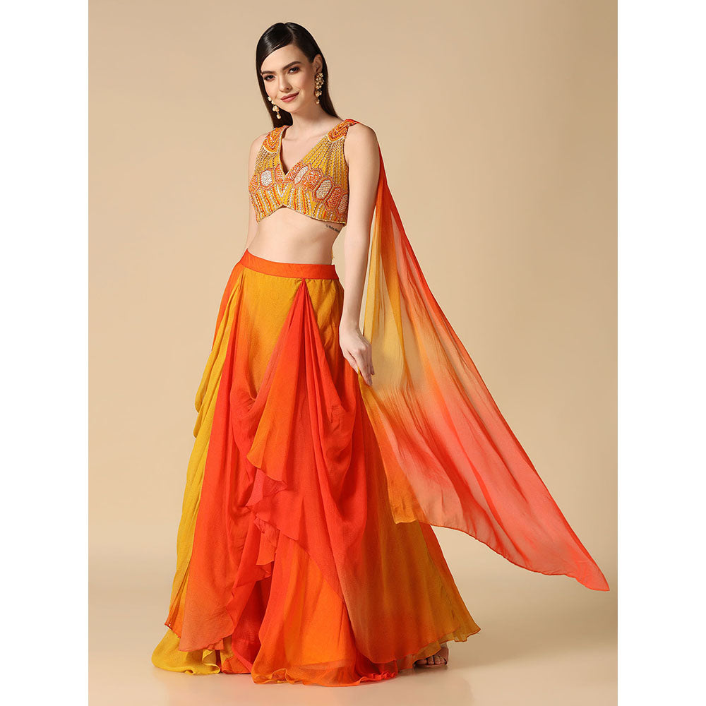 "Two Sisters" by Gyans Yellow Orange Ombre Hand Embroidered Blouse & Lehenga (Set of 2)