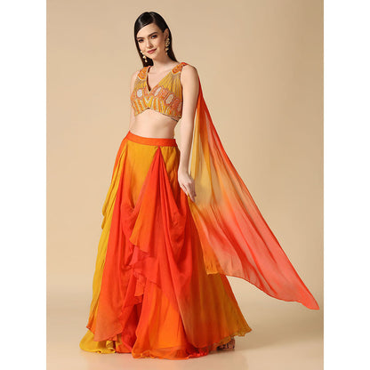 "Two Sisters" by Gyans Yellow Orange Ombre Hand Embroidered Blouse & Lehenga (Set of 2)