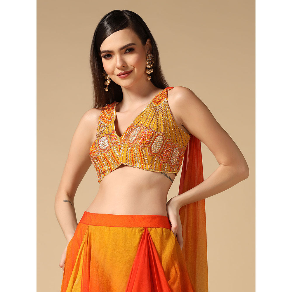 "Two Sisters" by Gyans Yellow Orange Ombre Hand Embroidered Blouse & Lehenga (Set of 2)