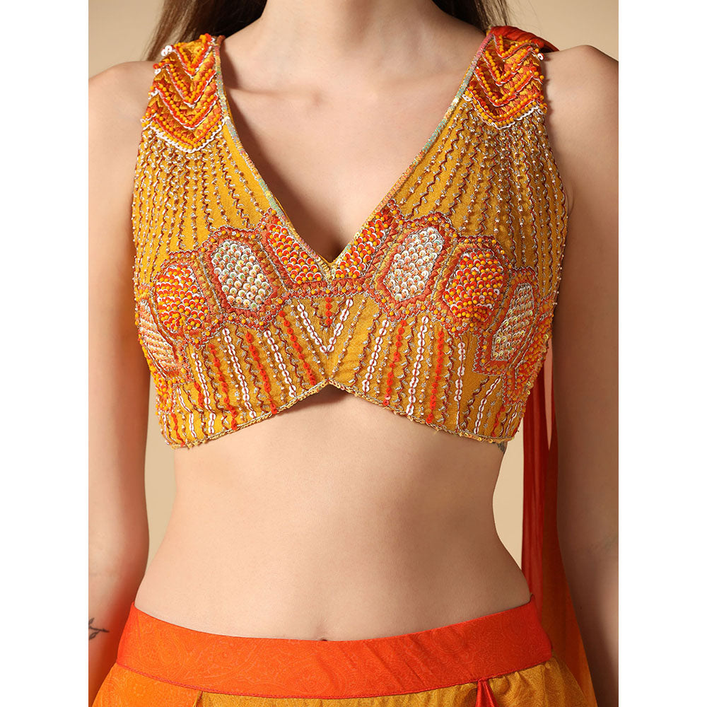 "Two Sisters" by Gyans Yellow Orange Ombre Hand Embroidered Blouse & Lehenga (Set of 2)