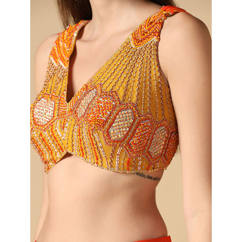 "Two Sisters" by Gyans Yellow Orange Ombre Hand Embroidered Blouse & Lehenga (Set of 2)