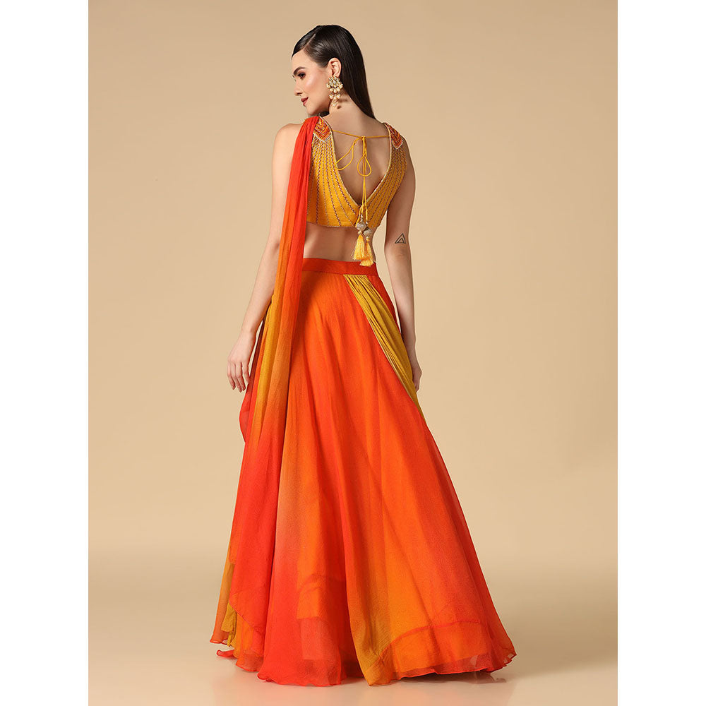 "Two Sisters" by Gyans Yellow Orange Ombre Hand Embroidered Blouse & Lehenga (Set of 2)