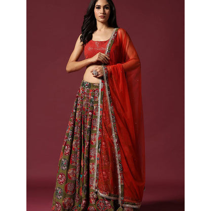 "Two Sisters" by Gyans Red And Olive Blouse & Lehenga with Dupatta (Set of 3)