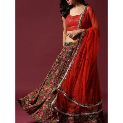 "Two Sisters" by Gyans Red And Olive Blouse & Lehenga with Dupatta (Set of 3)