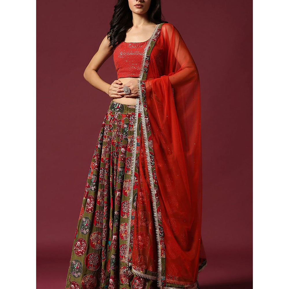 "Two Sisters" by Gyans Red And Olive Blouse & Lehenga with Dupatta (Set of 3)