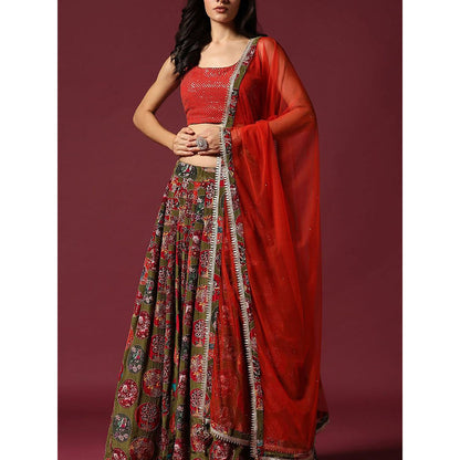 "Two Sisters" by Gyans Red And Olive Blouse & Lehenga with Dupatta (Set of 3)