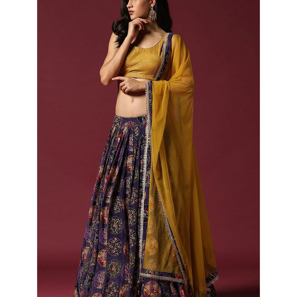 "Two Sisters" by Gyans Mustard And Purple Printed Blouse & Lehenga with Dupatta (Set of 3)