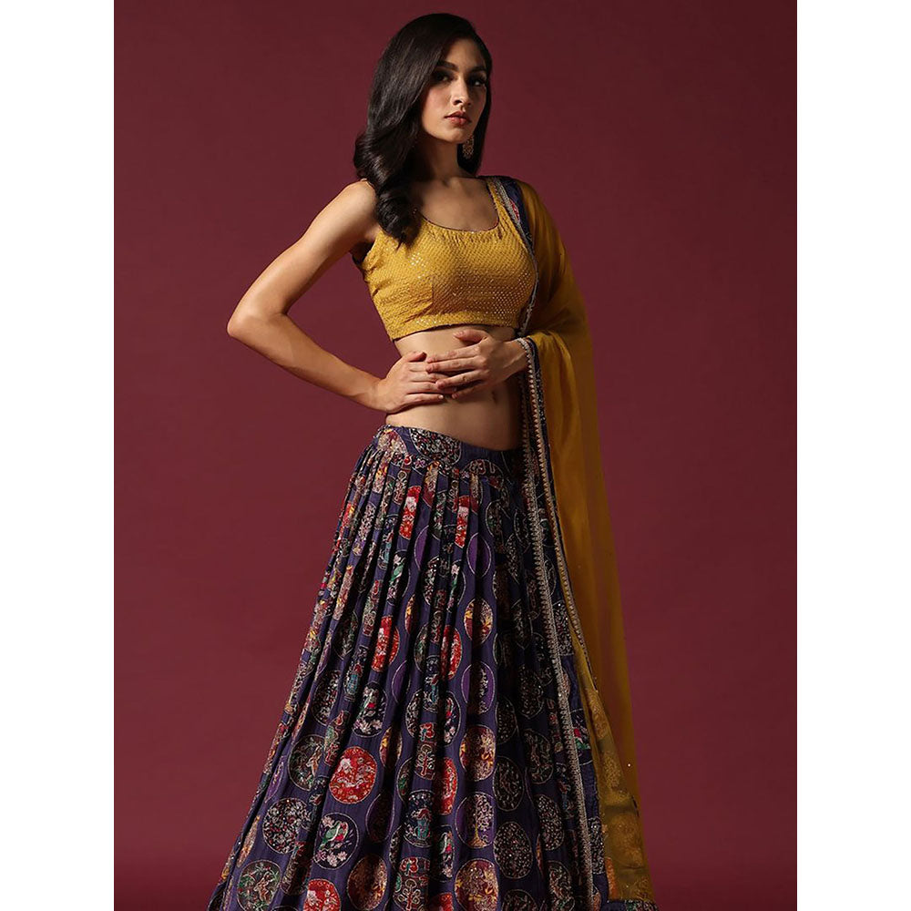 "Two Sisters" by Gyans Mustard And Purple Printed Blouse & Lehenga with Dupatta (Set of 3)