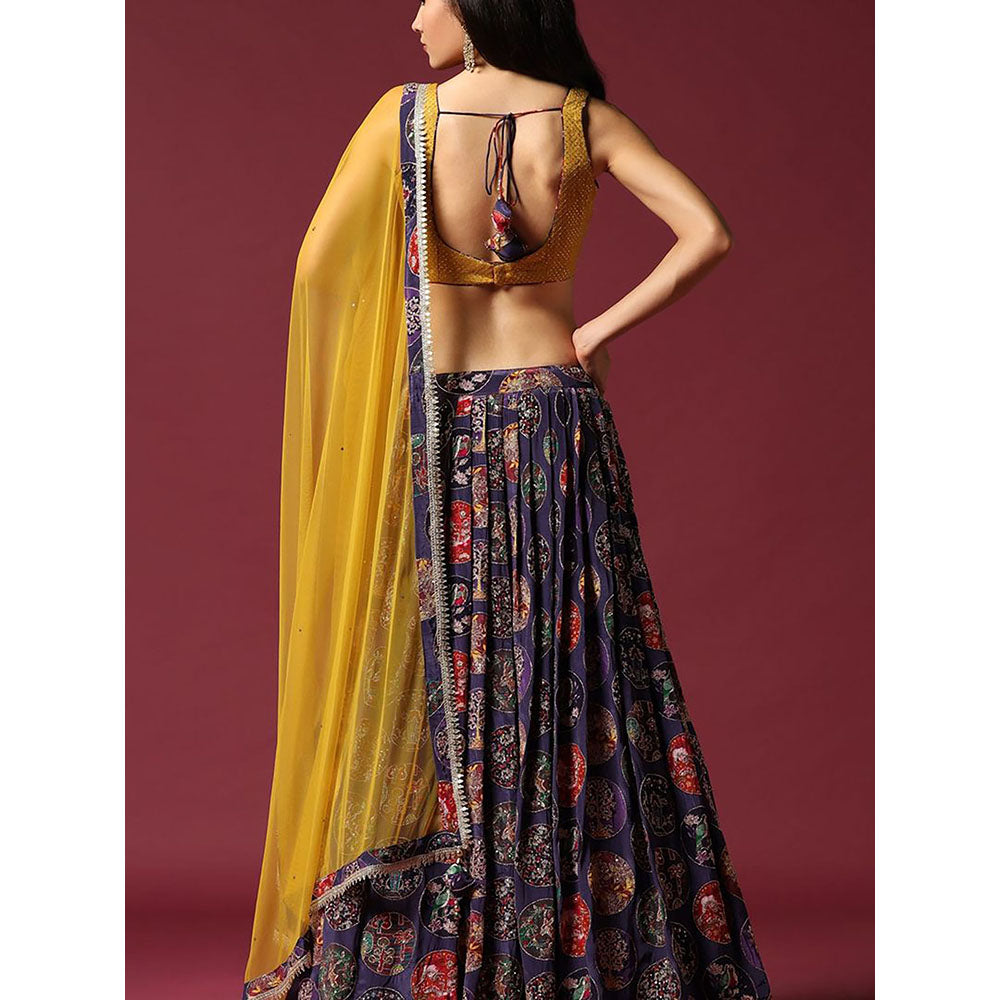 "Two Sisters" by Gyans Mustard And Purple Printed Blouse & Lehenga with Dupatta (Set of 3)