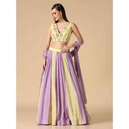 "Two Sisters" by Gyans Lilac And Lime Embroidered Blouse & Lehenga with Dupatta (Set of 3)