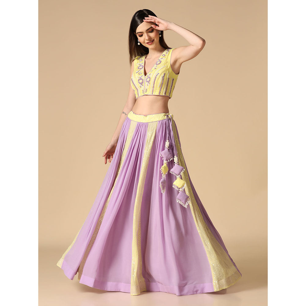 "Two Sisters" by Gyans Lilac And Lime Embroidered Blouse & Lehenga with Dupatta (Set of 3)
