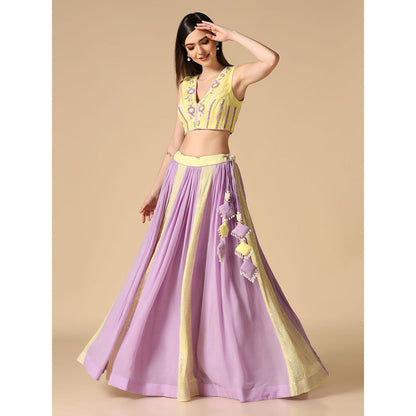 "Two Sisters" by Gyans Lilac And Lime Embroidered Blouse & Lehenga with Dupatta (Set of 3)