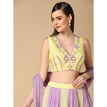 "Two Sisters" by Gyans Lilac And Lime Embroidered Blouse & Lehenga with Dupatta (Set of 3)