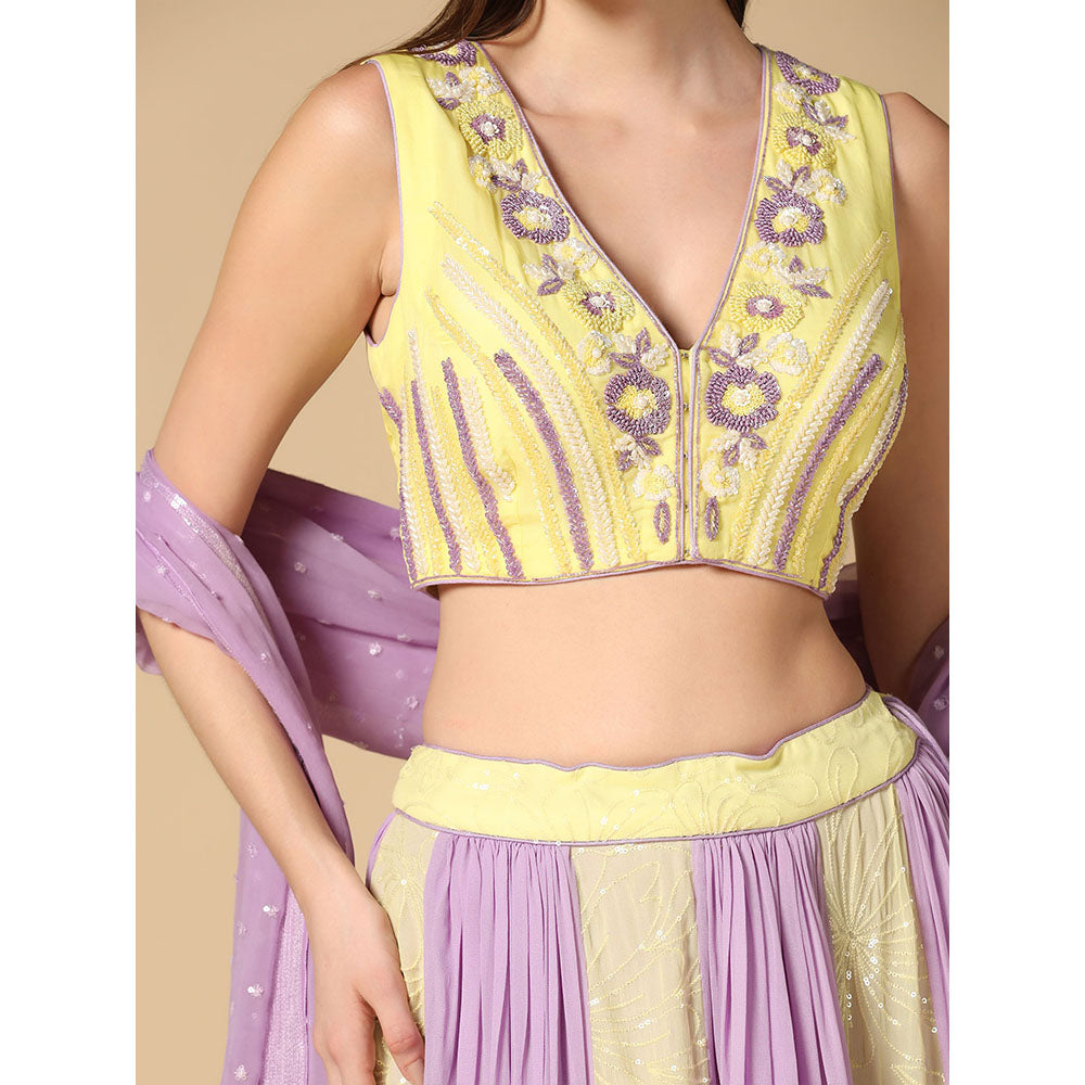 "Two Sisters" by Gyans Lilac And Lime Embroidered Blouse & Lehenga with Dupatta (Set of 3)