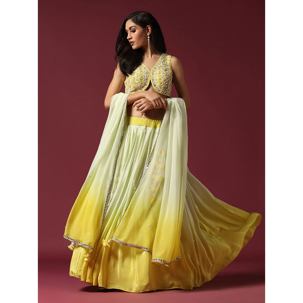 "Two Sisters" by Gyans Yellow Embroidered Ombre Blouse, Belt & Lehenga with Dupatta (Set of 4)