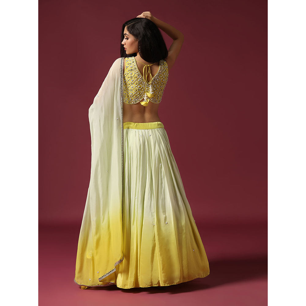 "Two Sisters" by Gyans Yellow Embroidered Ombre Blouse, Belt & Lehenga with Dupatta (Set of 4)