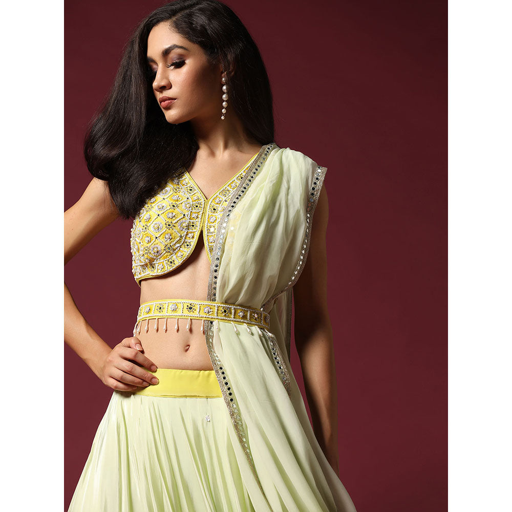 "Two Sisters" by Gyans Yellow Embroidered Ombre Blouse, Belt & Lehenga with Dupatta (Set of 4)