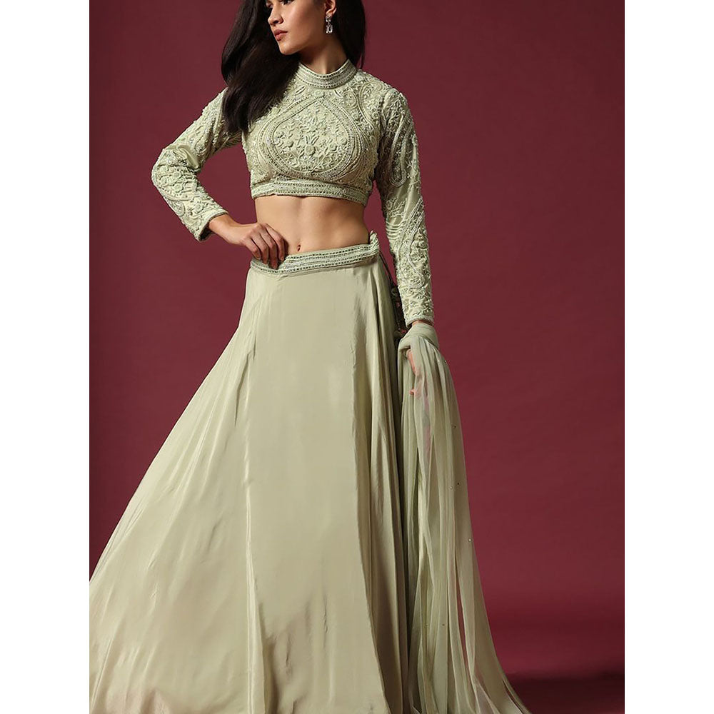 "Two Sisters" by Gyans Mint Hand Embroidered Blouse & Lehenga with Dupatta (Set of 3)