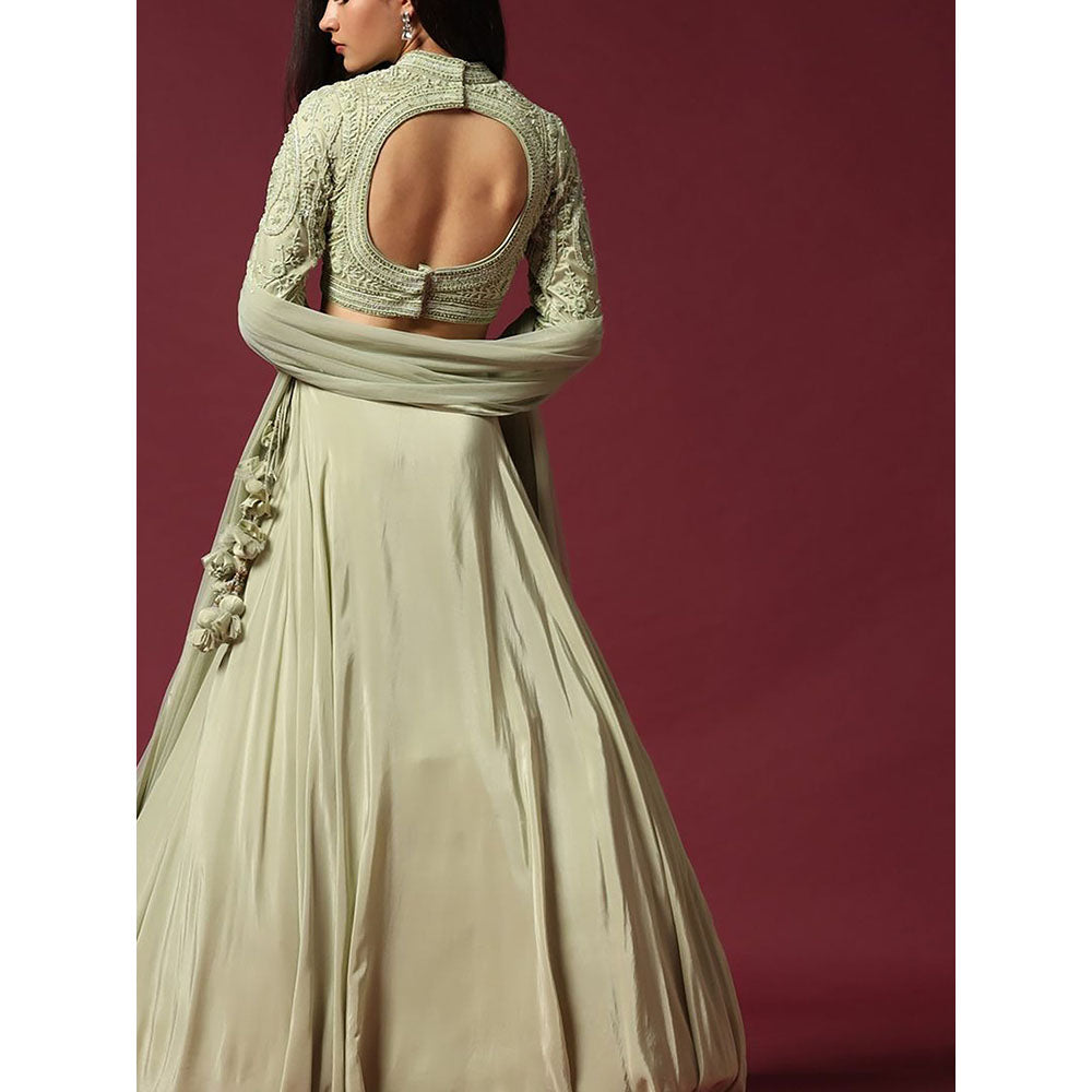 "Two Sisters" by Gyans Mint Hand Embroidered Blouse & Lehenga with Dupatta (Set of 3)