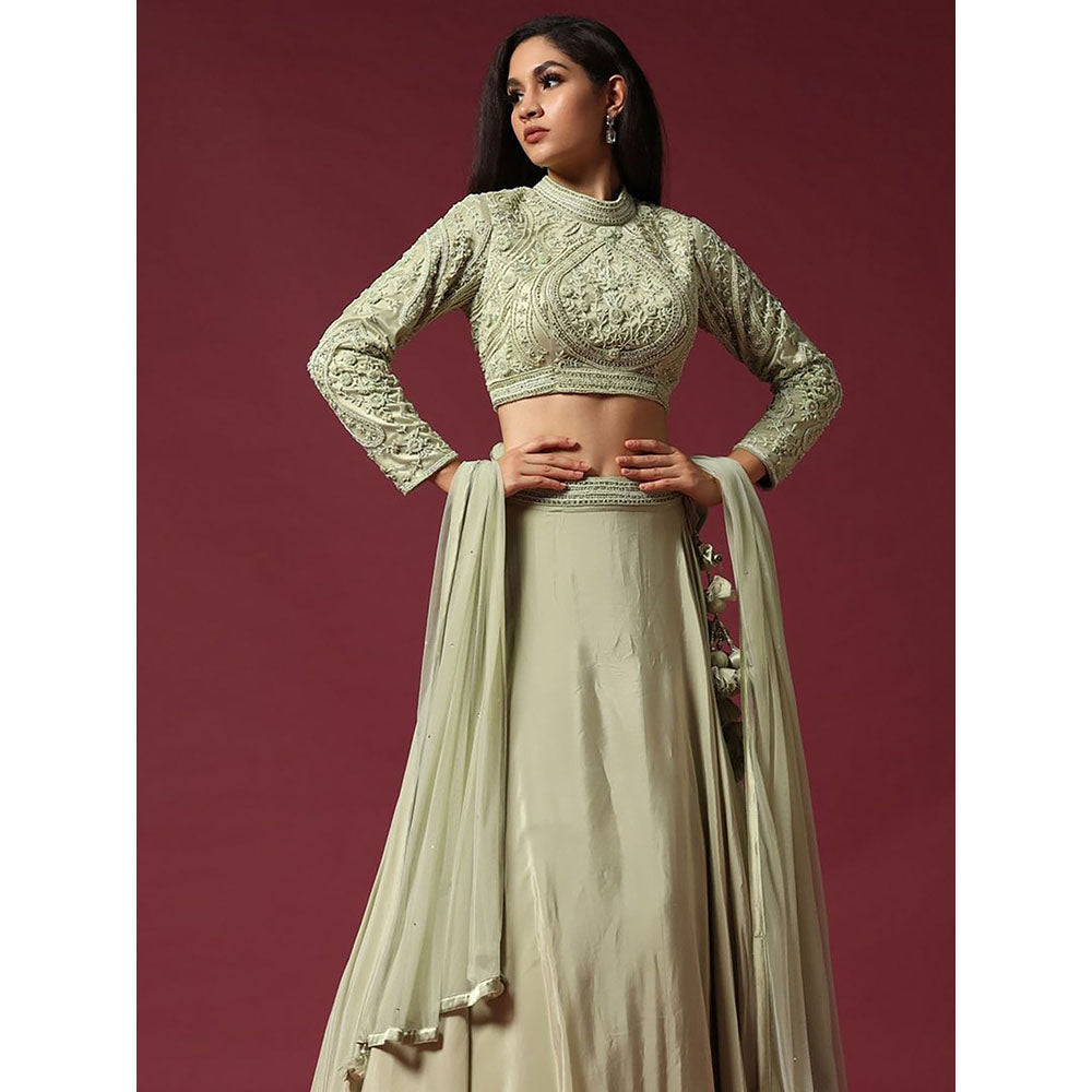 "Two Sisters" by Gyans Mint Hand Embroidered Blouse & Lehenga with Dupatta (Set of 3)