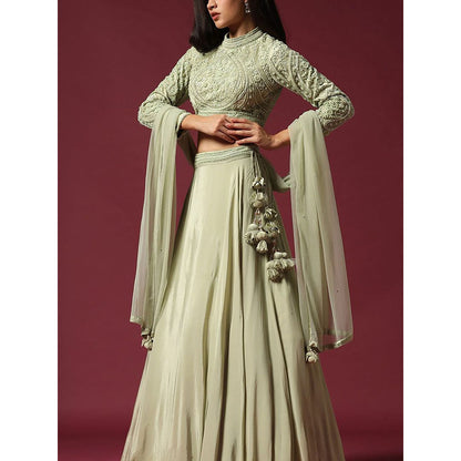 "Two Sisters" by Gyans Mint Hand Embroidered Blouse & Lehenga with Dupatta (Set of 3)