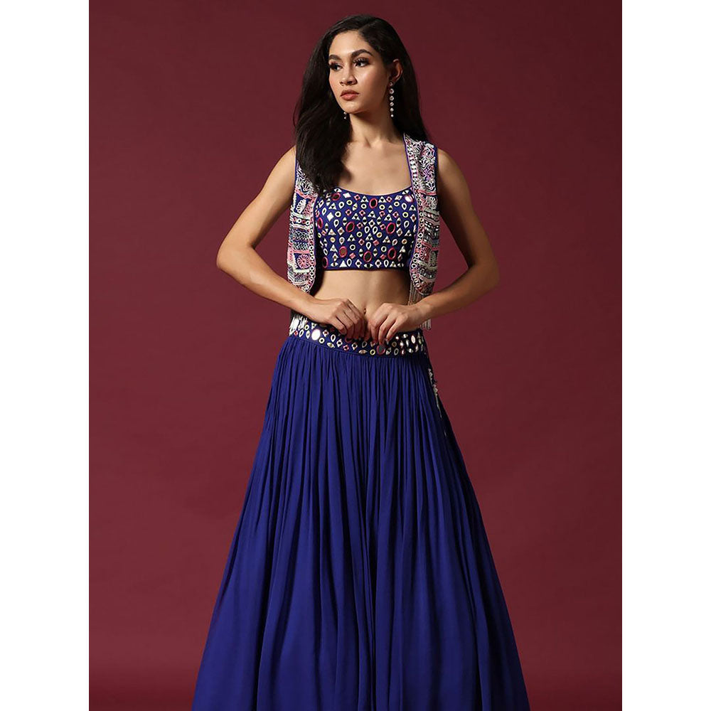 "Two Sisters" by Gyans Blue Mirror Work Blouse & Lehenga with Cape (Set of 3)