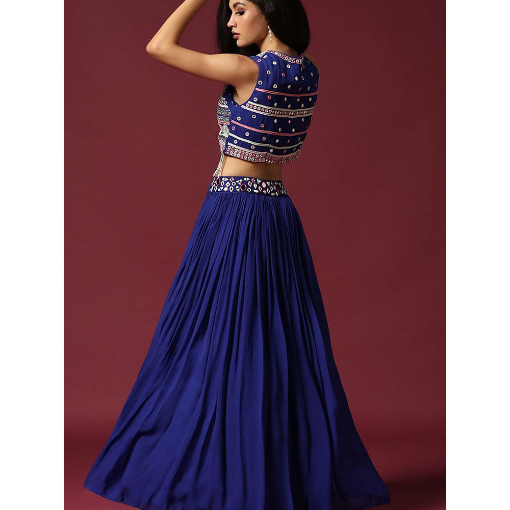"Two Sisters" by Gyans Blue Mirror Work Blouse & Lehenga with Cape (Set of 3)